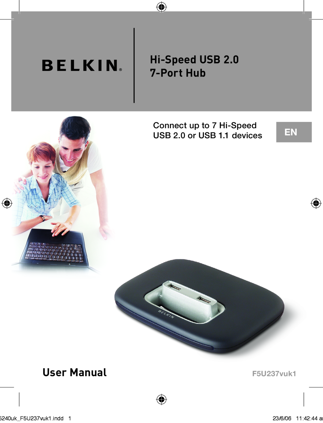 Belkin F5U237VUK1 user manual Hi-Speed USB 2.0 7-Port Hub, Connect up to 7 Hi-Speed USB 2.0 or USB 1.1 devices, F5U237vuk1 
