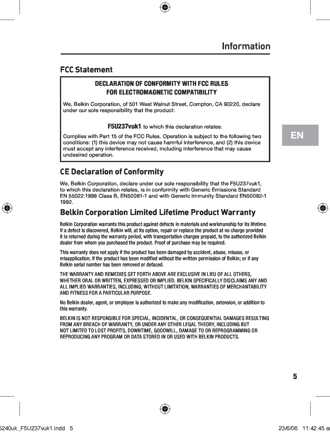 Belkin F5U237VUK1 user manual Information, FCC Statement, CE Declaration of Conformity 