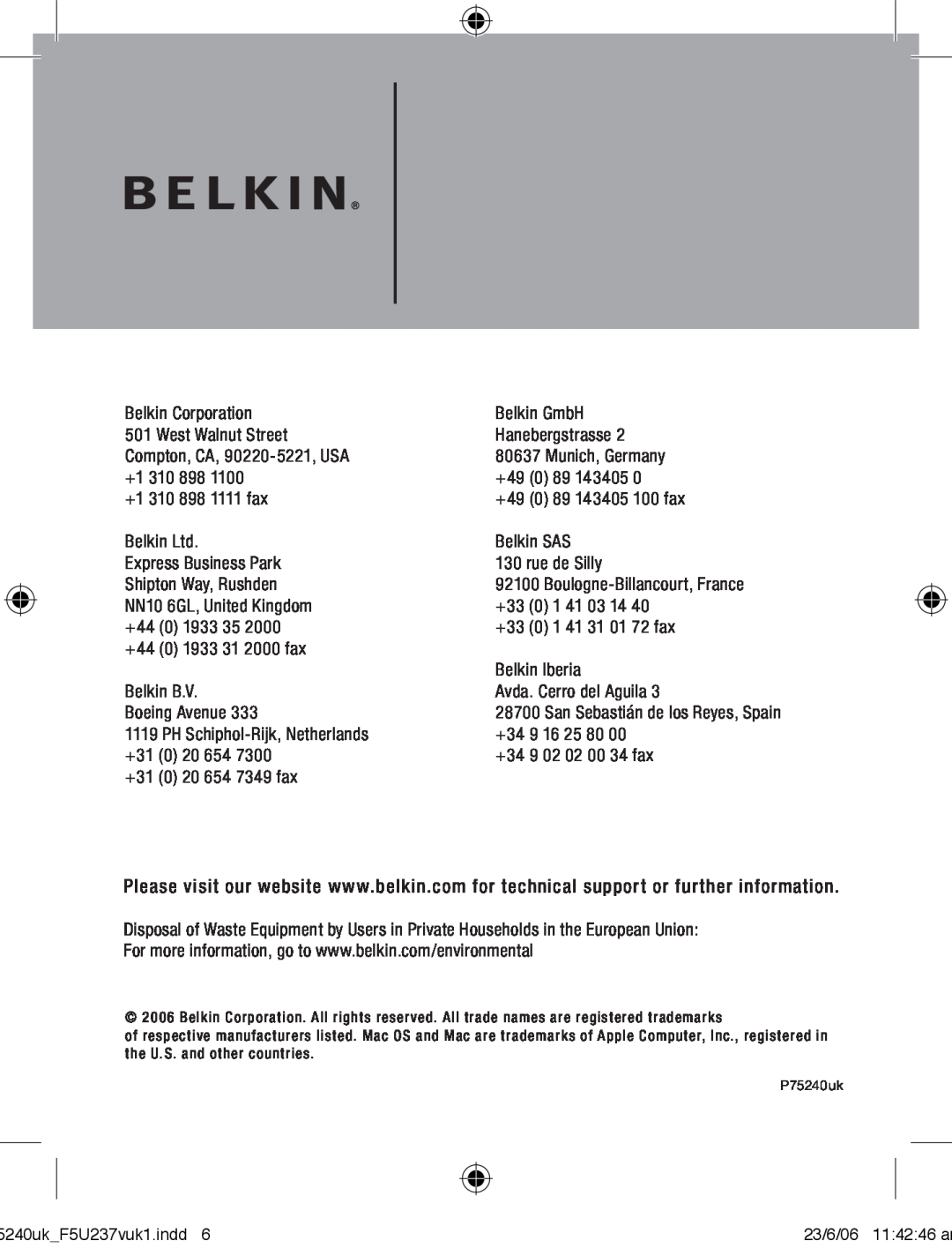 Belkin F5U237VUK1 user manual Belkin Corporation 