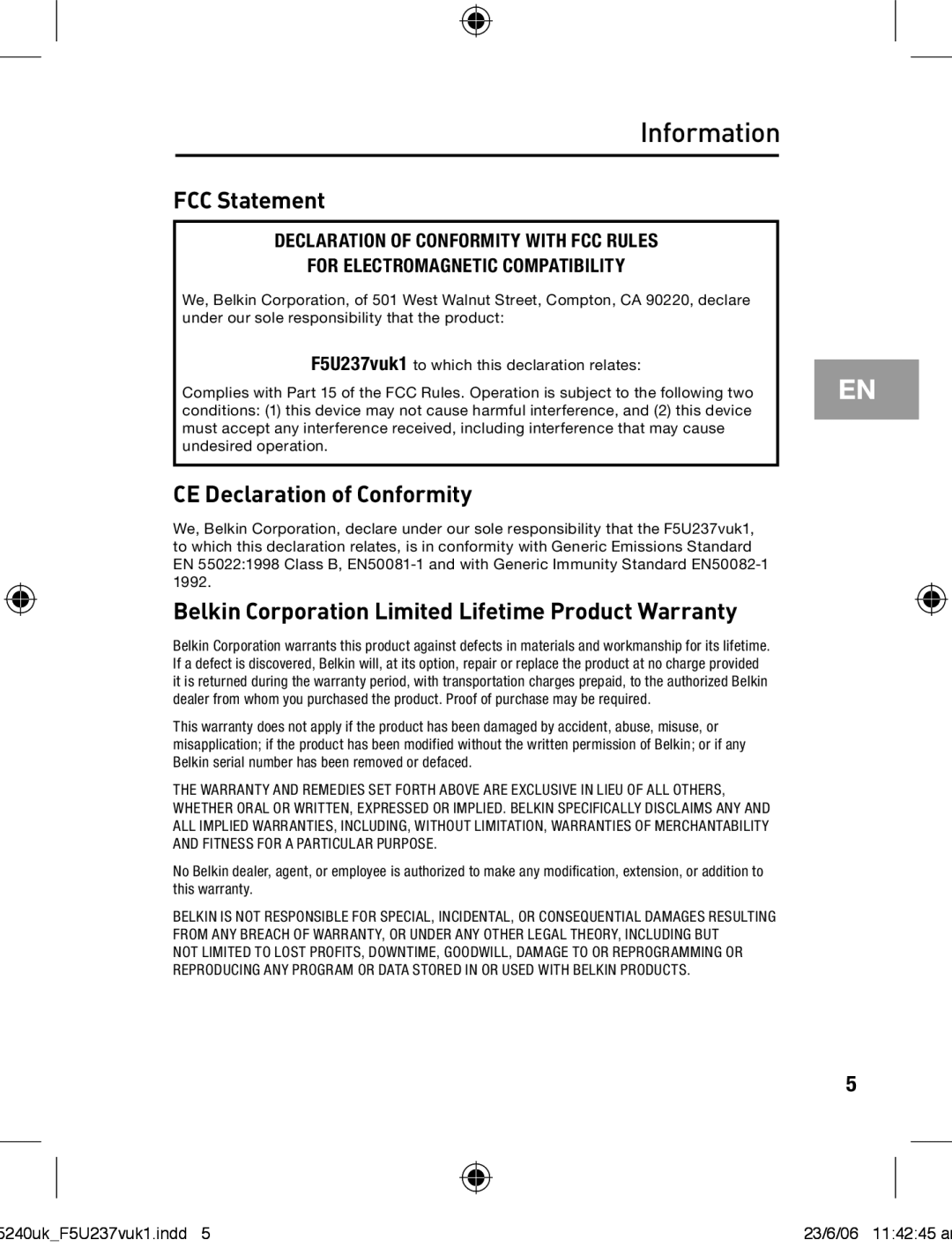 Belkin F5U237VUK1 user manual Information, FCC Statement 