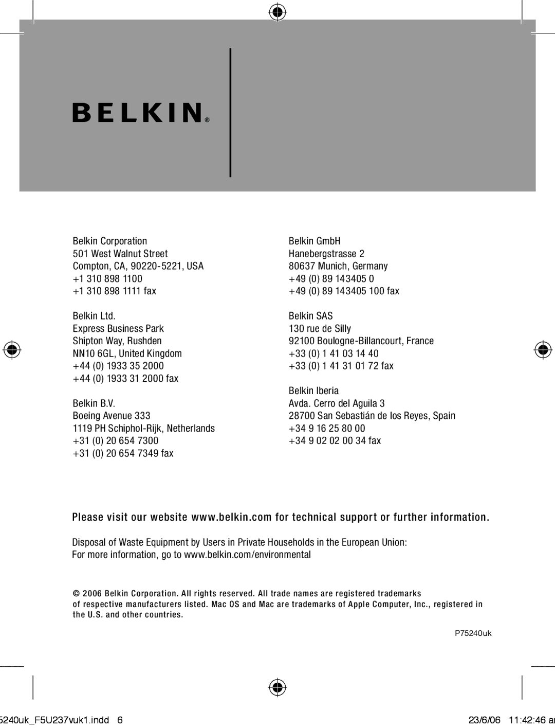 Belkin F5U237VUK1 user manual 89 143405 