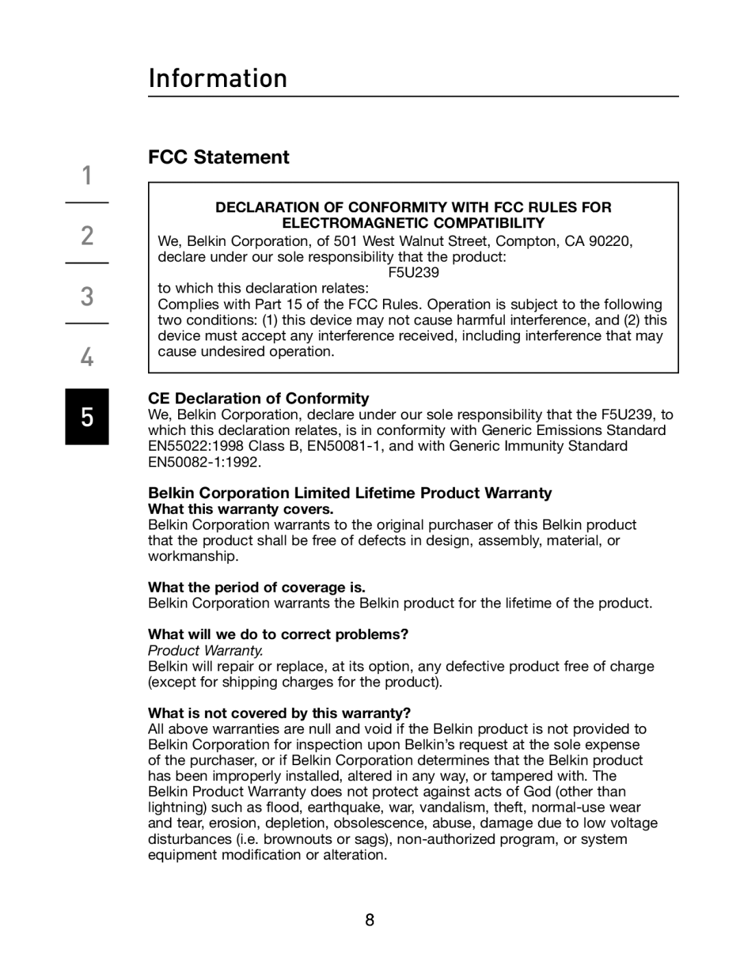 Belkin F5U239 manual Information, FCC Statement 