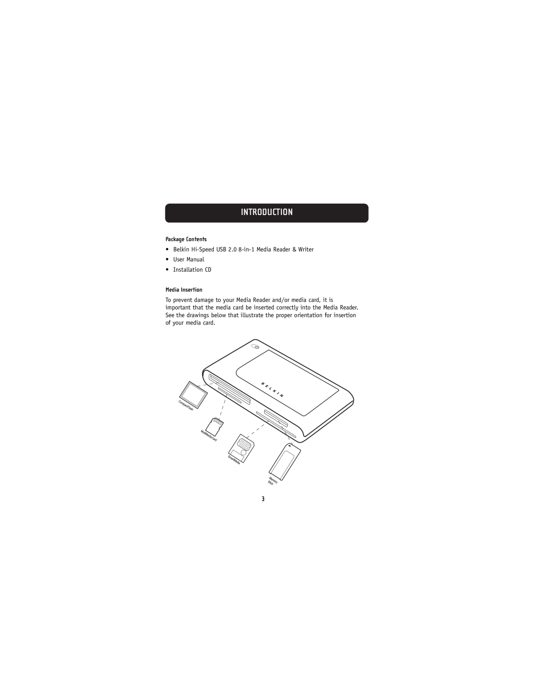 Belkin F5U248 user manual Package Contents, Media Insertion, Introduction, Installation CD 