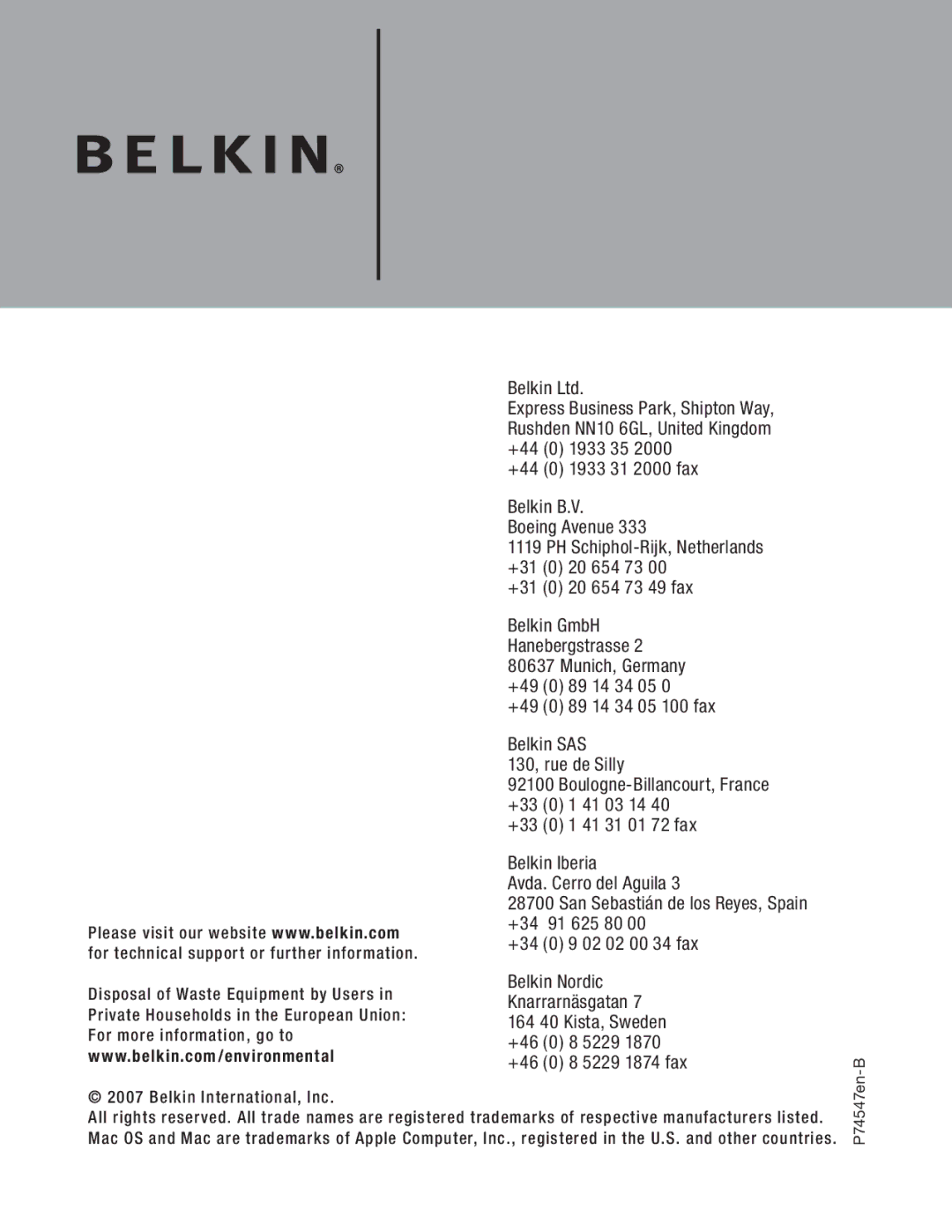 Belkin F5U249EA user manual Belkin GmbH Hanebergstrasse 