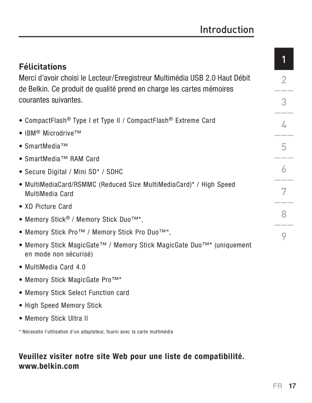 Belkin F5U249EA user manual Introduction, Félicitations 