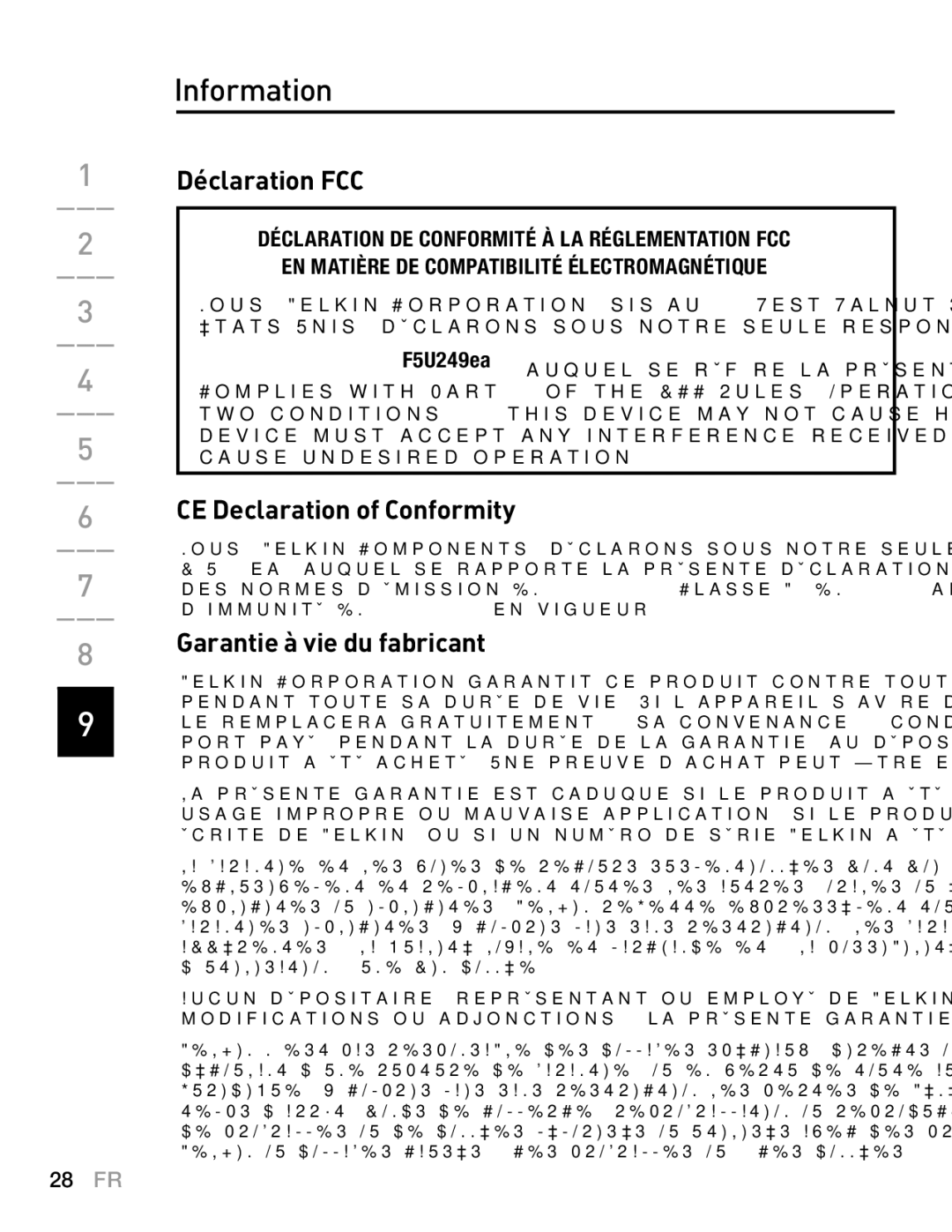 Belkin F5U249EA user manual Déclaration FCC, Garantie à vie du fabricant 