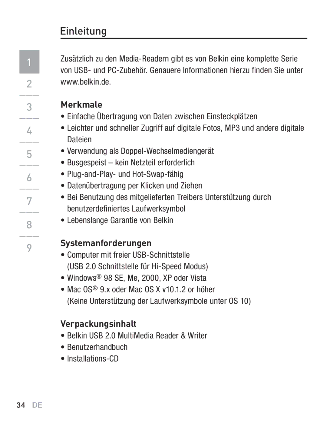 Belkin F5U249EA user manual Merkmale, Lebenslange Garantie von Belkin, Systemanforderungen, Verpackungsinhalt 