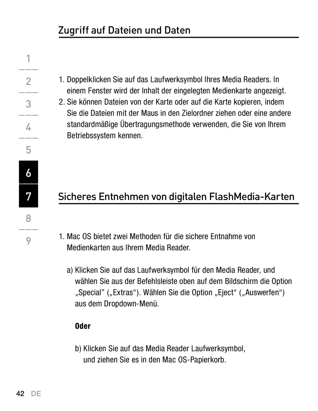 Belkin F5U249EA user manual Zugriff auf Dateien und Daten, Sicheres Entnehmen von digitalen FlashMedia-Karten, Oder 