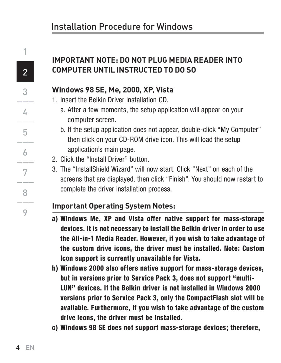 Belkin F5U249EA Installation Procedure for Windows, Windows 98 SE, Me, 2000, XP, Vista, Important Operating System Notes 