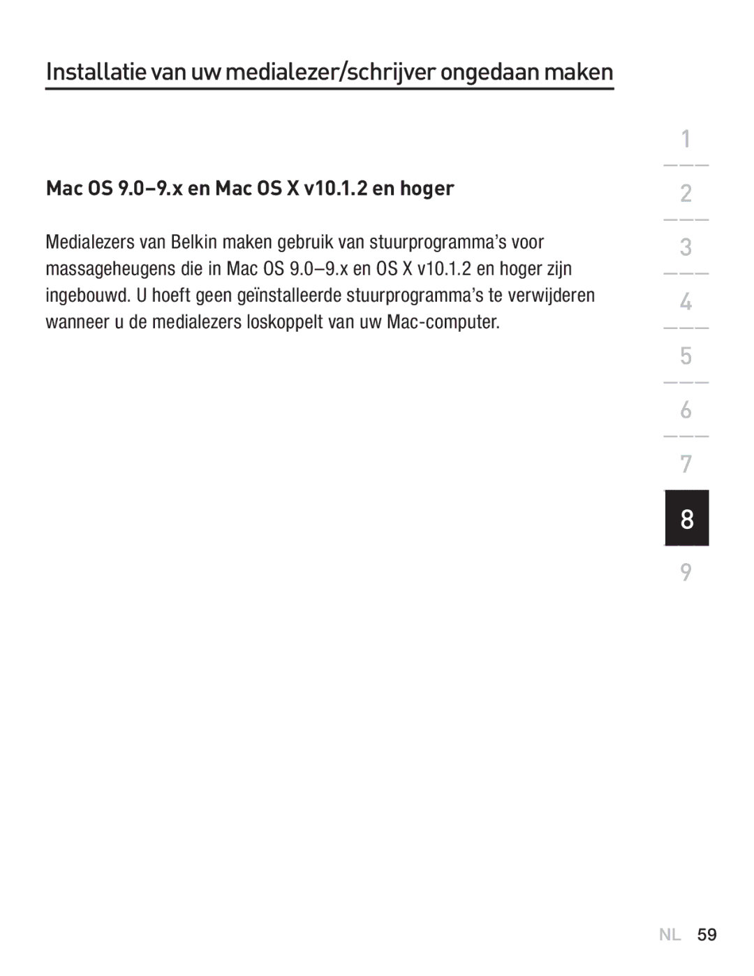 Belkin F5U249EA Installatie van uw medialezer/schrijver ongedaan maken, Mac OS 9.0-9.x en Mac OS X v10.1.2 en hoger 