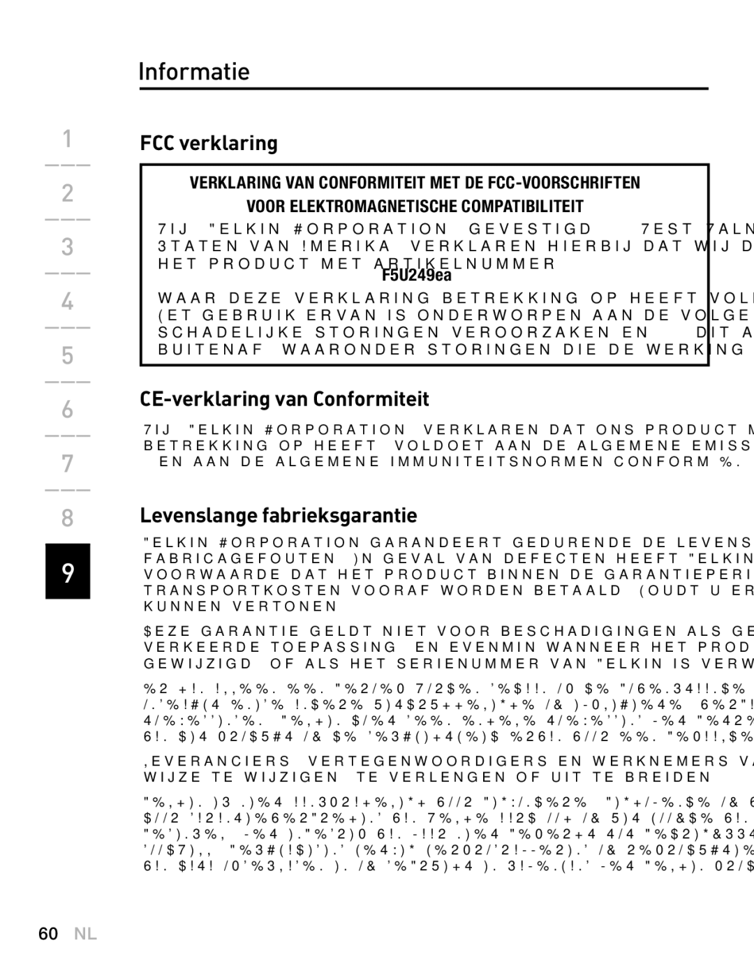 Belkin F5U249EA user manual Informatie, FCC verklaring, CE-verklaring van Conformiteit, Levenslange fabrieksgarantie 