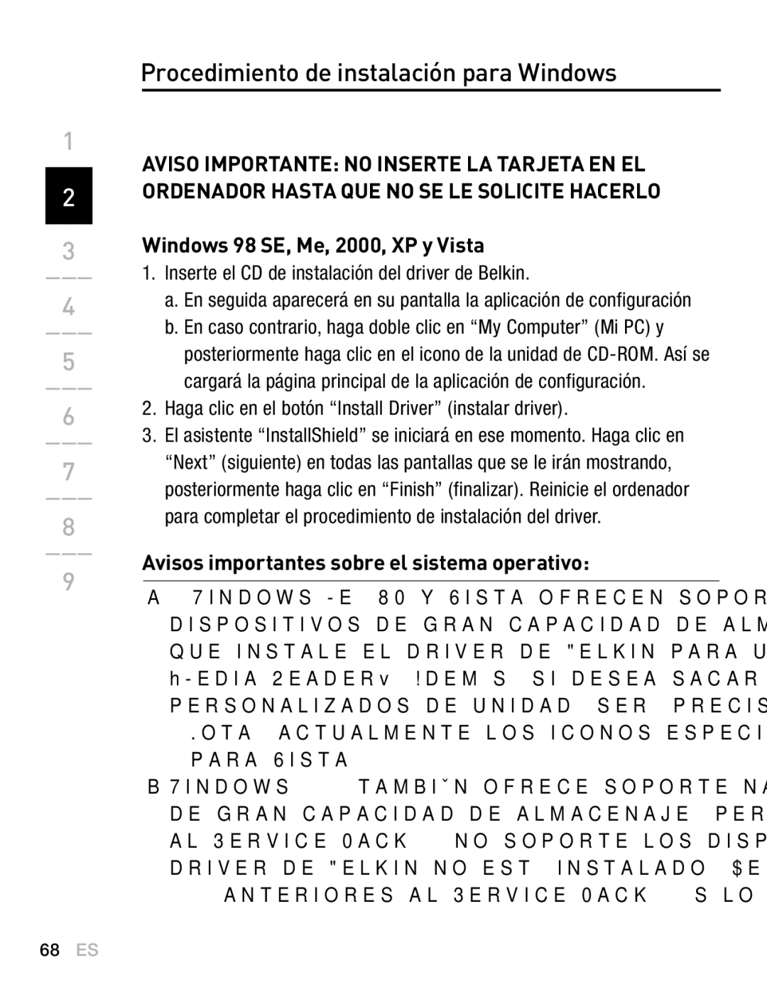 Belkin F5U249EA user manual Procedimiento de instalación para Windows, Windows 98 SE, Me, 2000, XP y Vista 