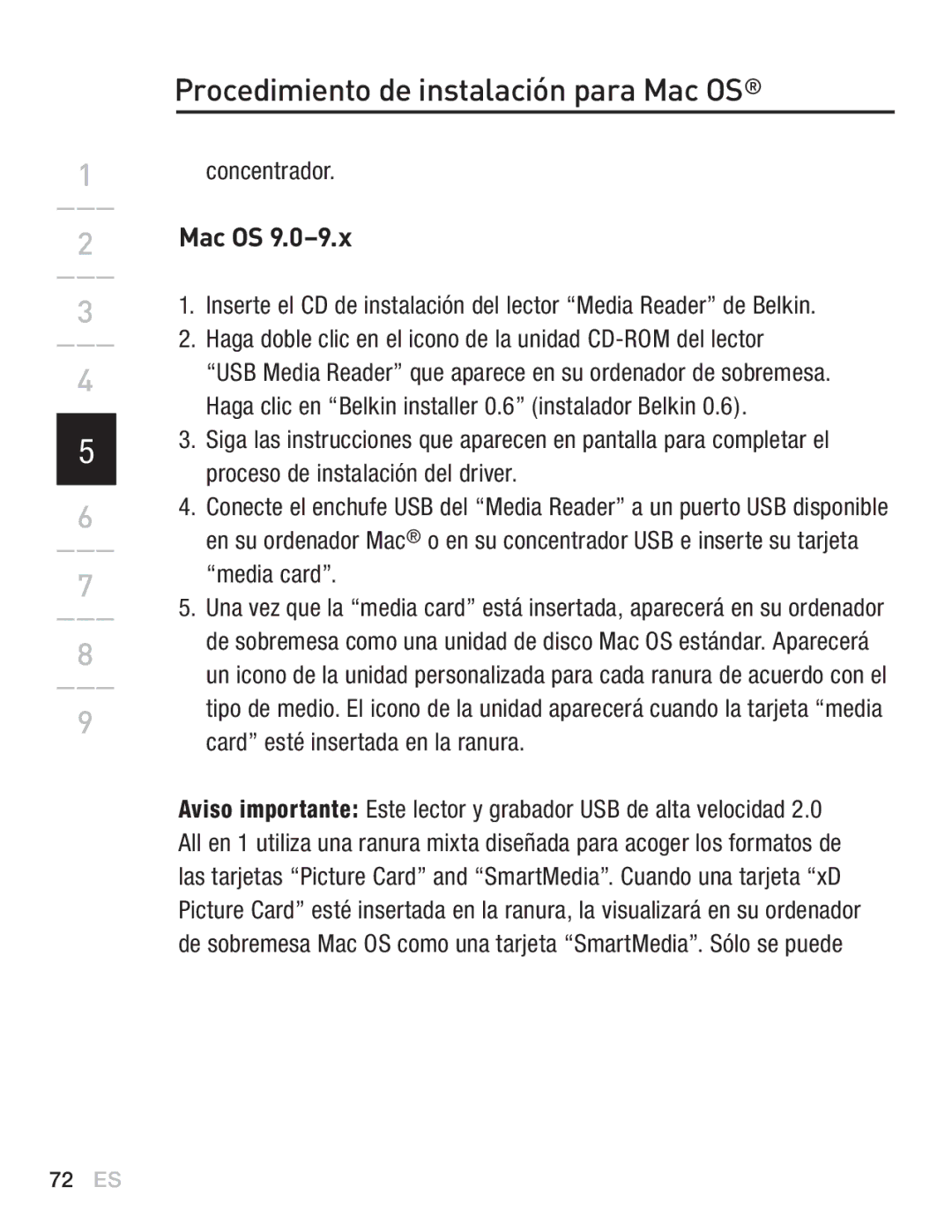 Belkin F5U249EA user manual Procedimiento de instalación para Mac OS, Concentrador 