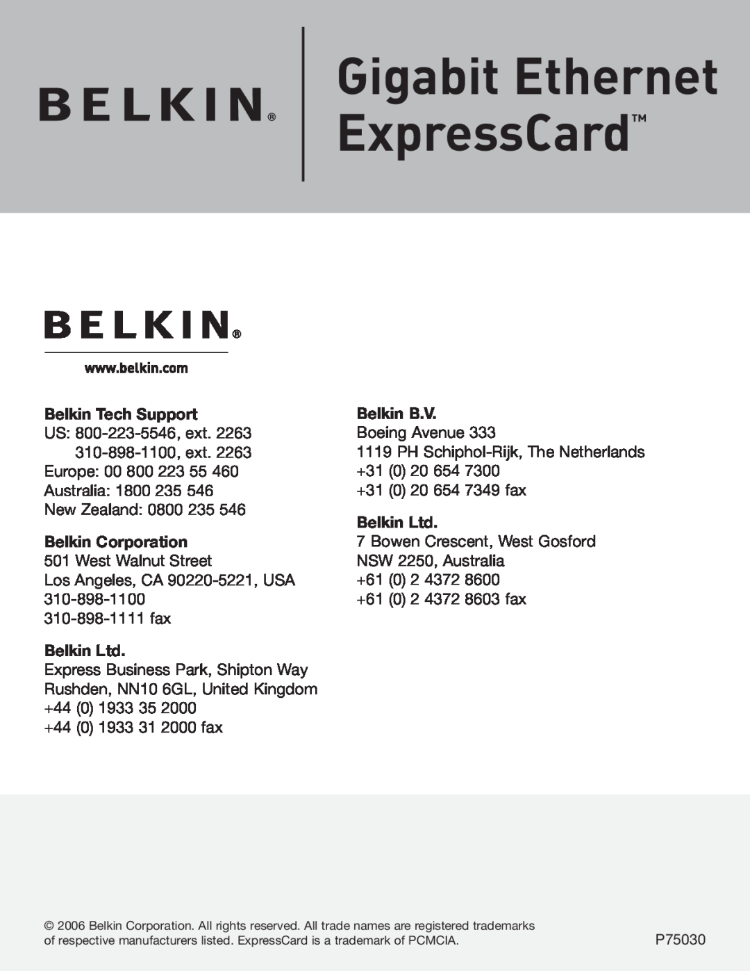 Belkin F5U250 manual Gigabit Ethernet ExpressCard, Belkin Tech Support, Belkin B.V, Belkin Corporation 