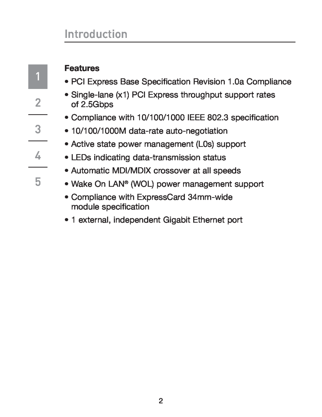 Belkin F5U250 manual Features, PCI Express Base Specification Revision 1.0a Compliance, Introduction 