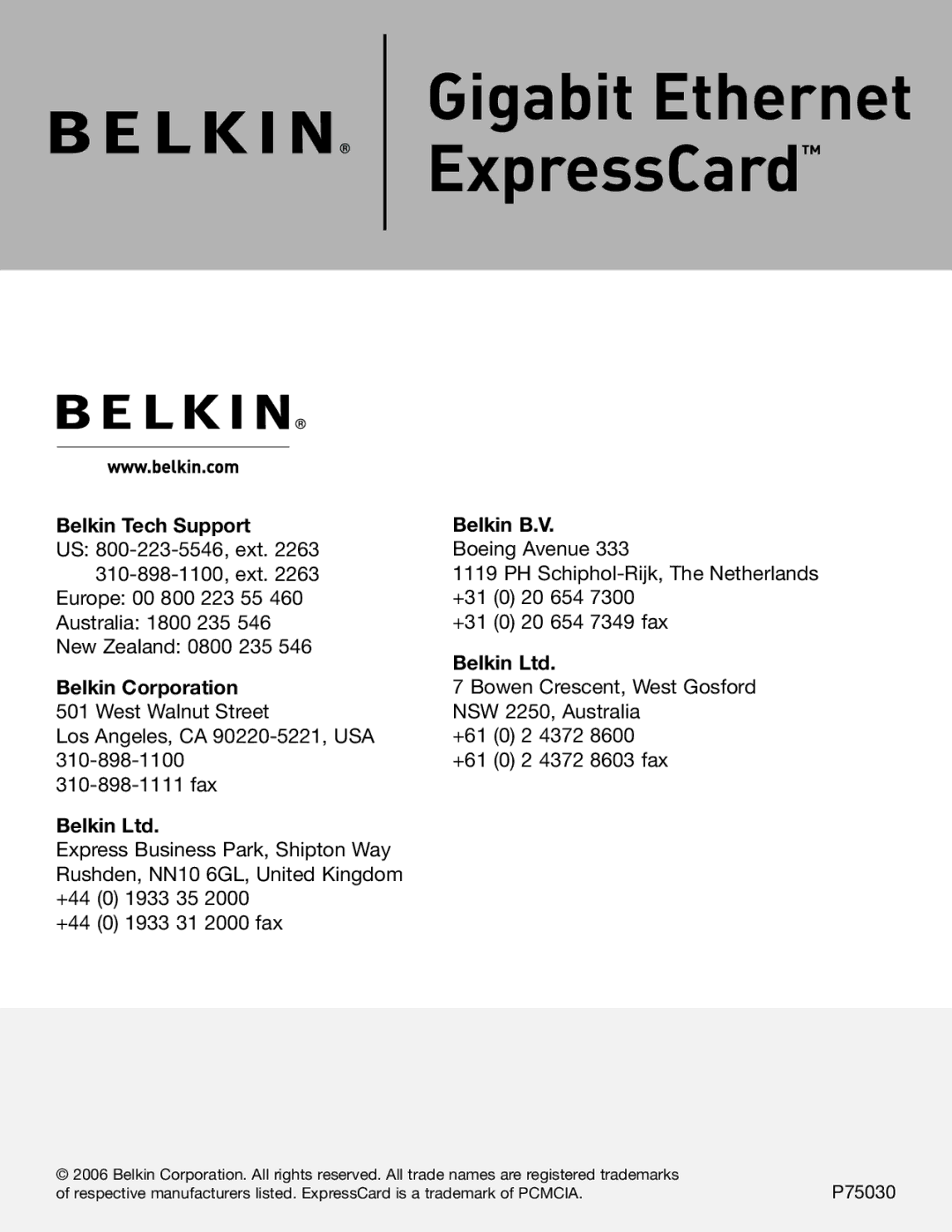 Belkin F5U250 manual Gigabit Ethernet ExpressCard 