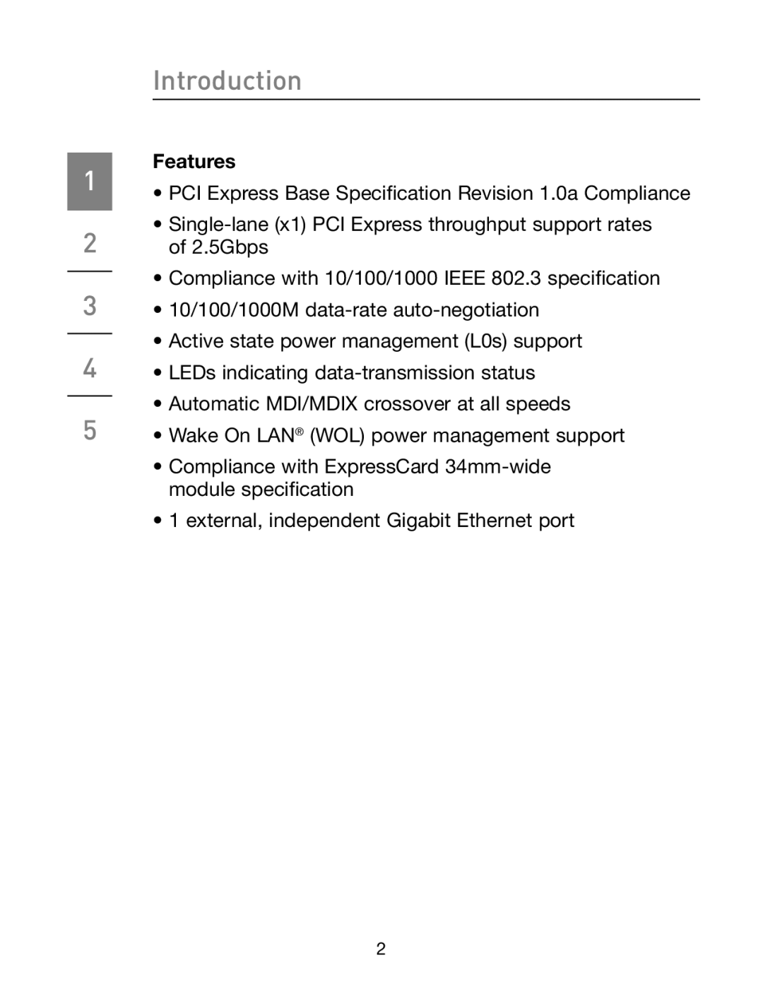 Belkin F5U250 manual Features, PCI Express Base Specification Revision 1.0a Compliance 