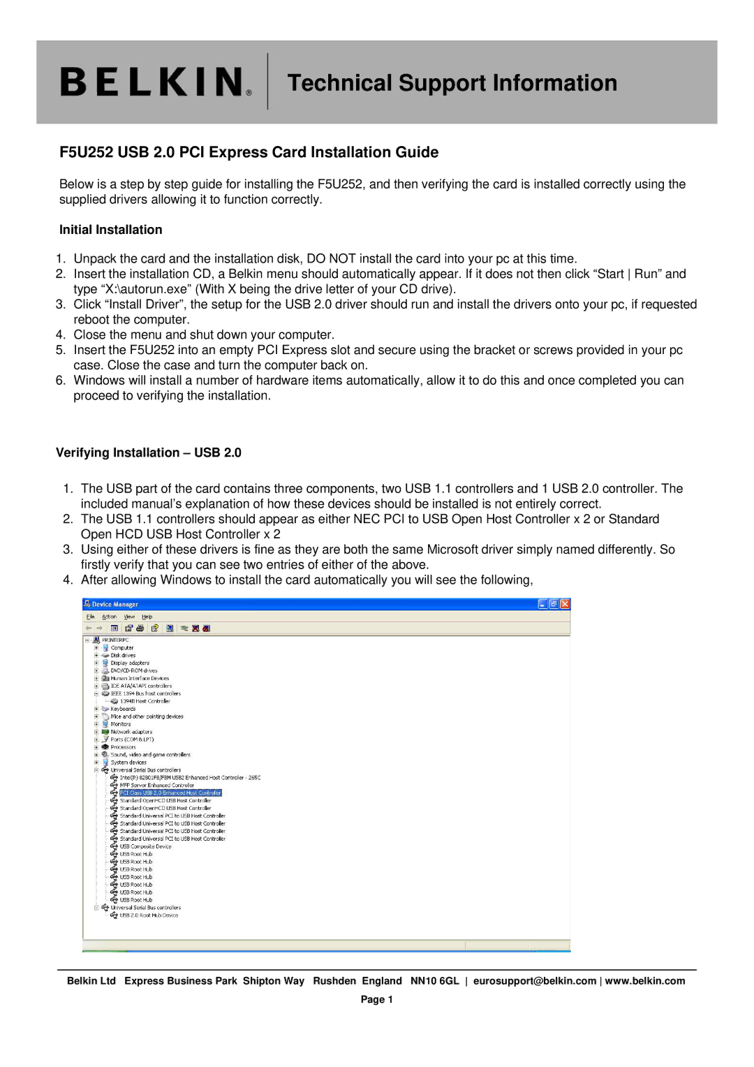 Belkin manual Technical Support Information, F5U252 USB 2.0 PCI Express Card Installation Guide, Initial Installation 