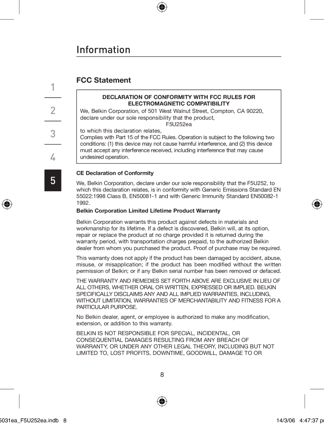 Belkin F5U252ea user manual Information, FCC Statement 