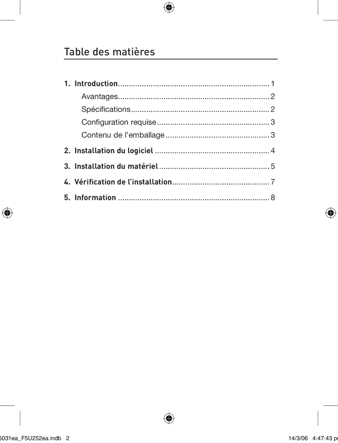 Belkin F5U252ea user manual Table des matières 