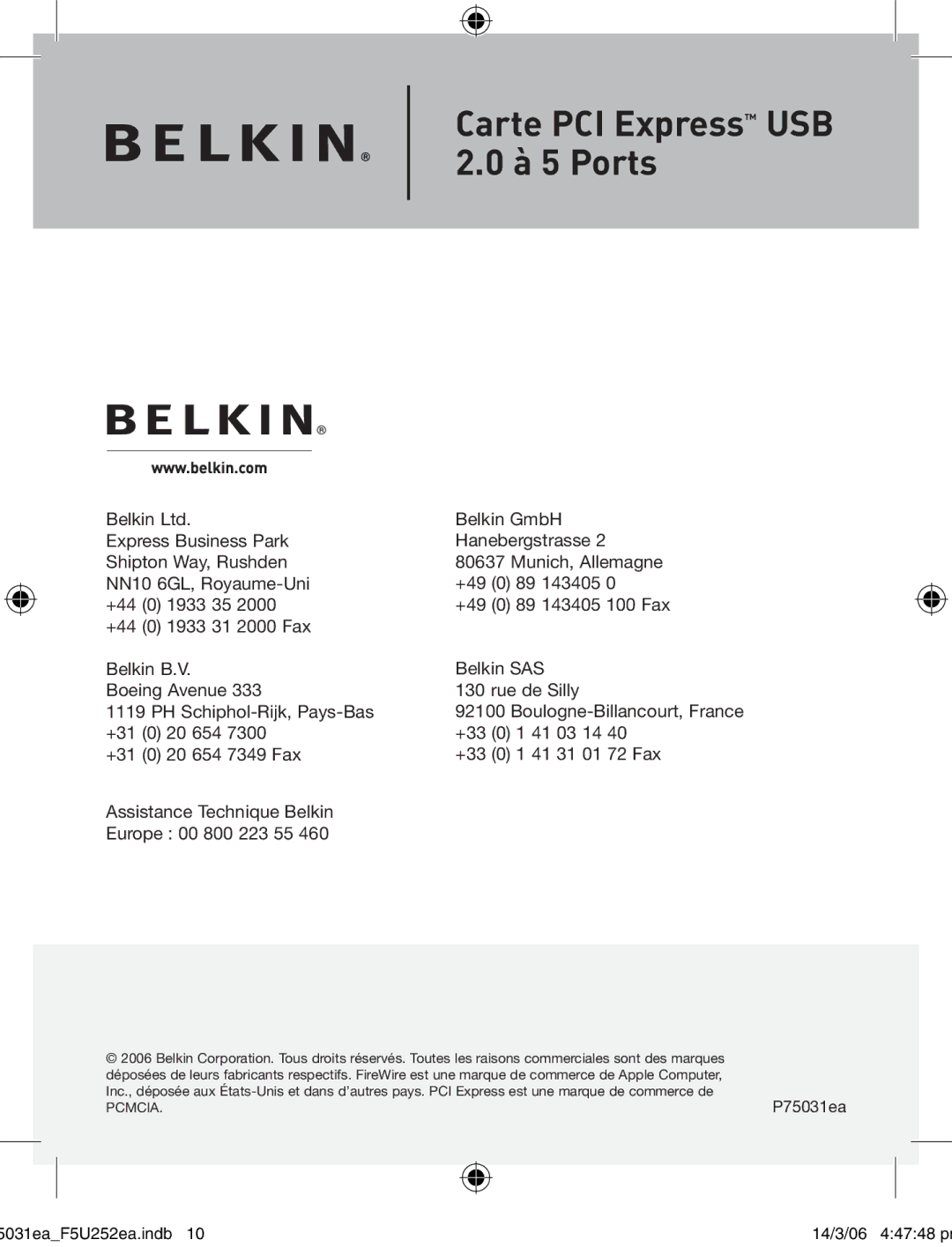 Belkin F5U252ea user manual Carte PCI Express USB À 5 Ports 