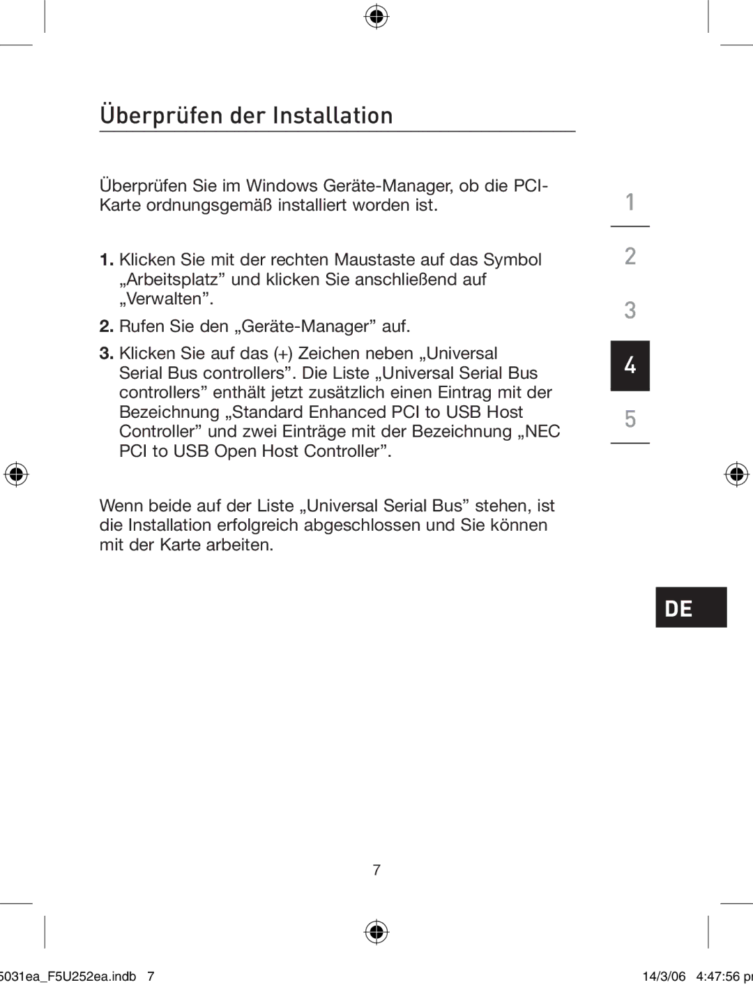 Belkin F5U252ea user manual Überprüfen der Installation 