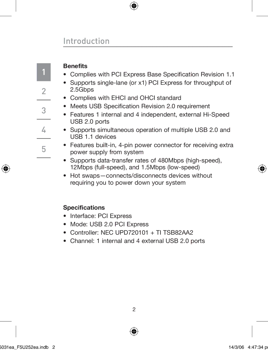 Belkin F5U252ea user manual Introduction, Benefits, Specifications 