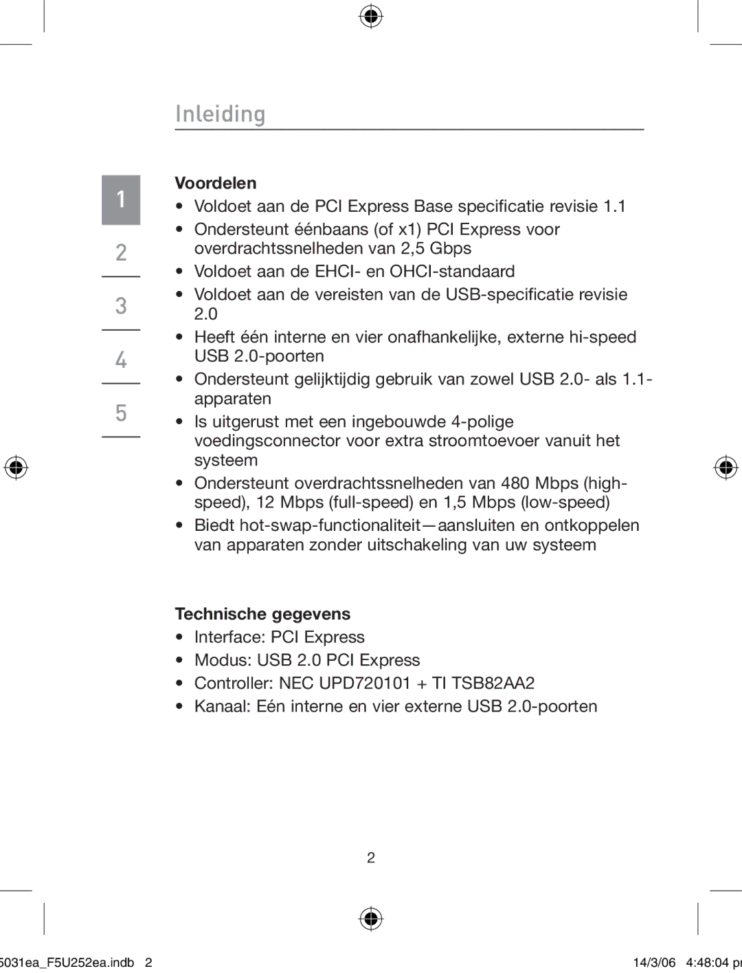 Belkin F5U252ea user manual Inleiding, Voordelen, Technische gegevens 