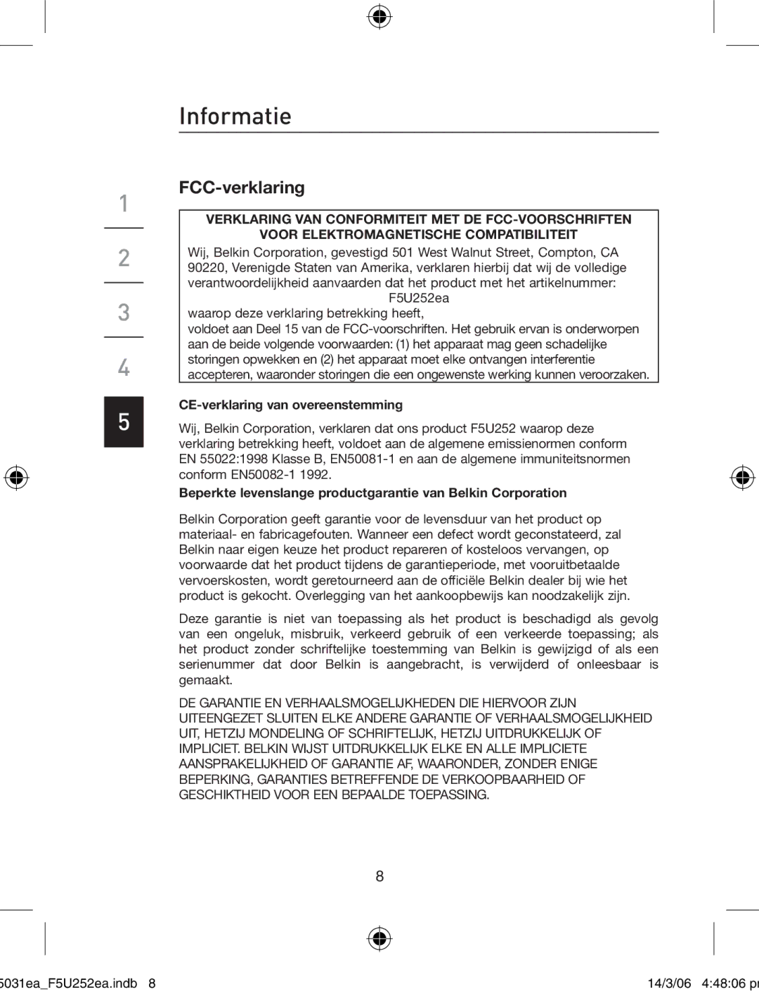 Belkin F5U252ea user manual Informatie, FCC-verklaring 