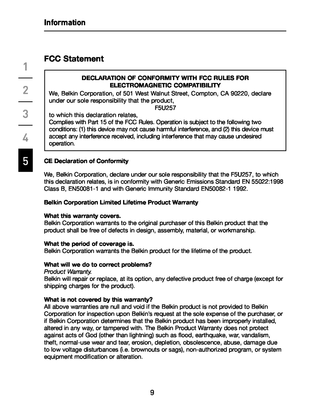 Belkin F5U257 Information FCC Statement, Declaration Of Conformity With Fcc Rules For, Electromagnetic Compatibility 