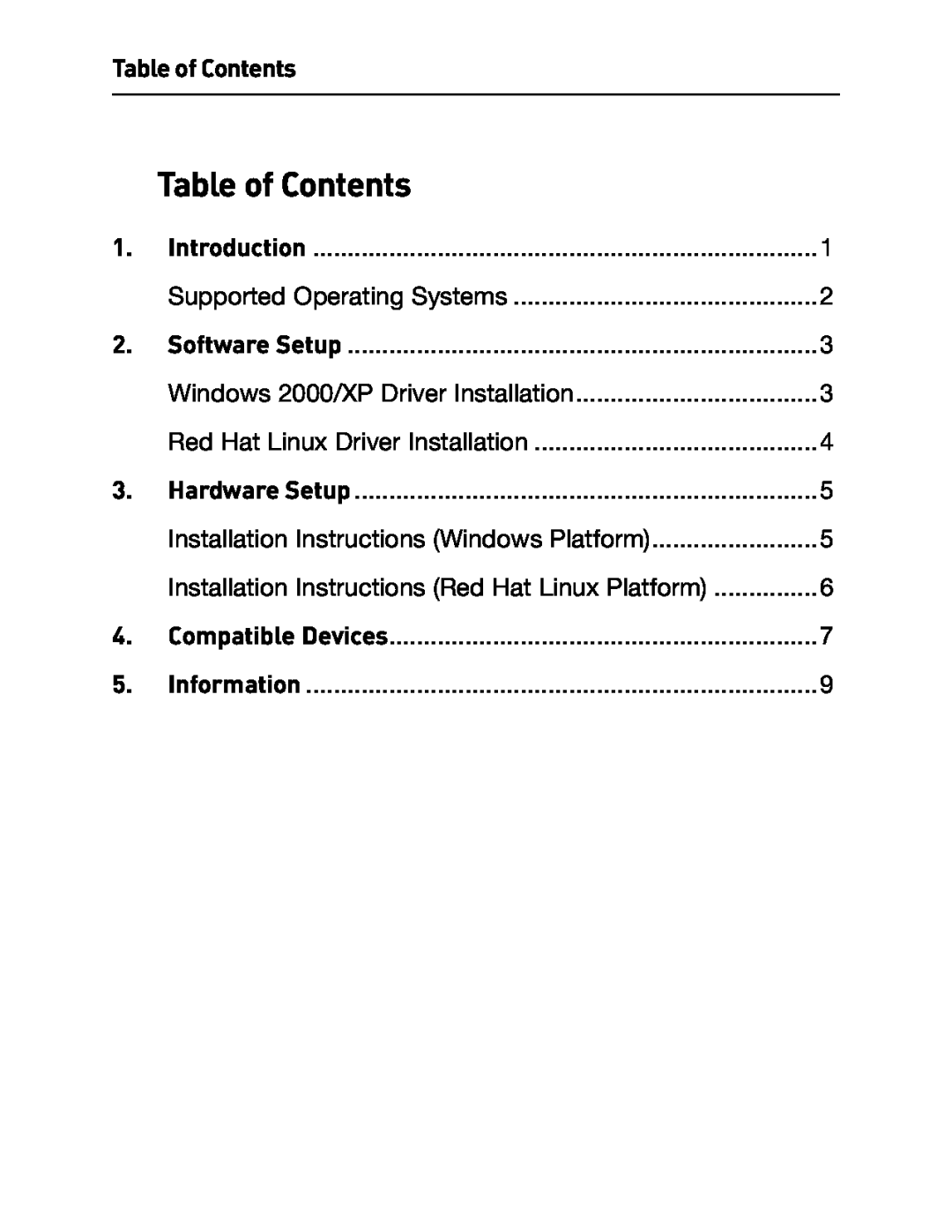 Belkin F5U257 user manual Table of Contents, Windows 2000/XP Driver Installation, Red Hat Linux Driver Installation 