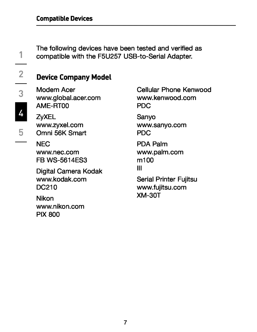 Belkin F5U257 user manual Compatible Devices, Device Company Model 