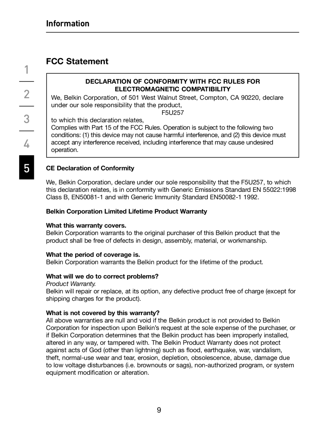 Belkin F5U257 user manual Information FCC Statement, CE Declaration of Conformity 