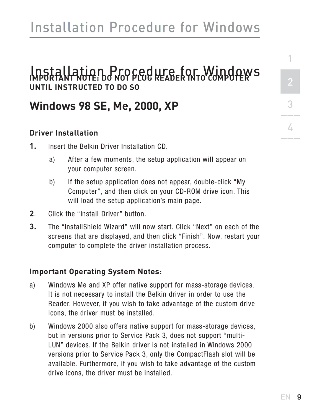 Belkin F5U271EA user manual Installation Procedure for Windows, Windows 98 SE, Me, 2000, XP 