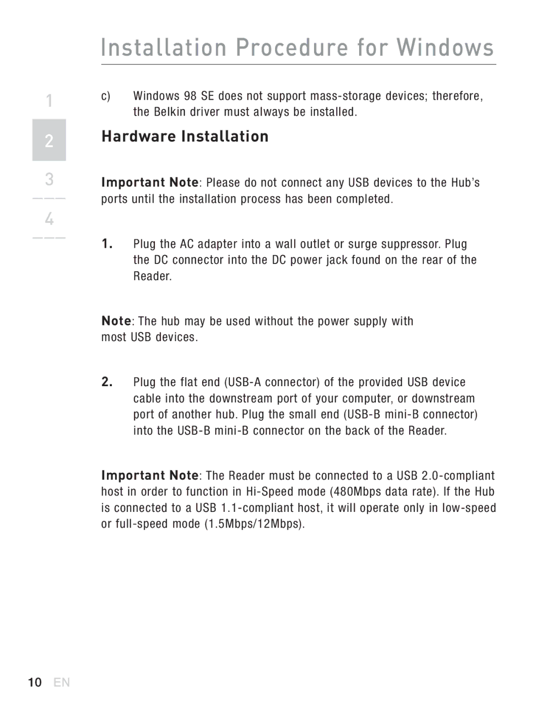 Belkin F5U271EA user manual Hardware Installation 