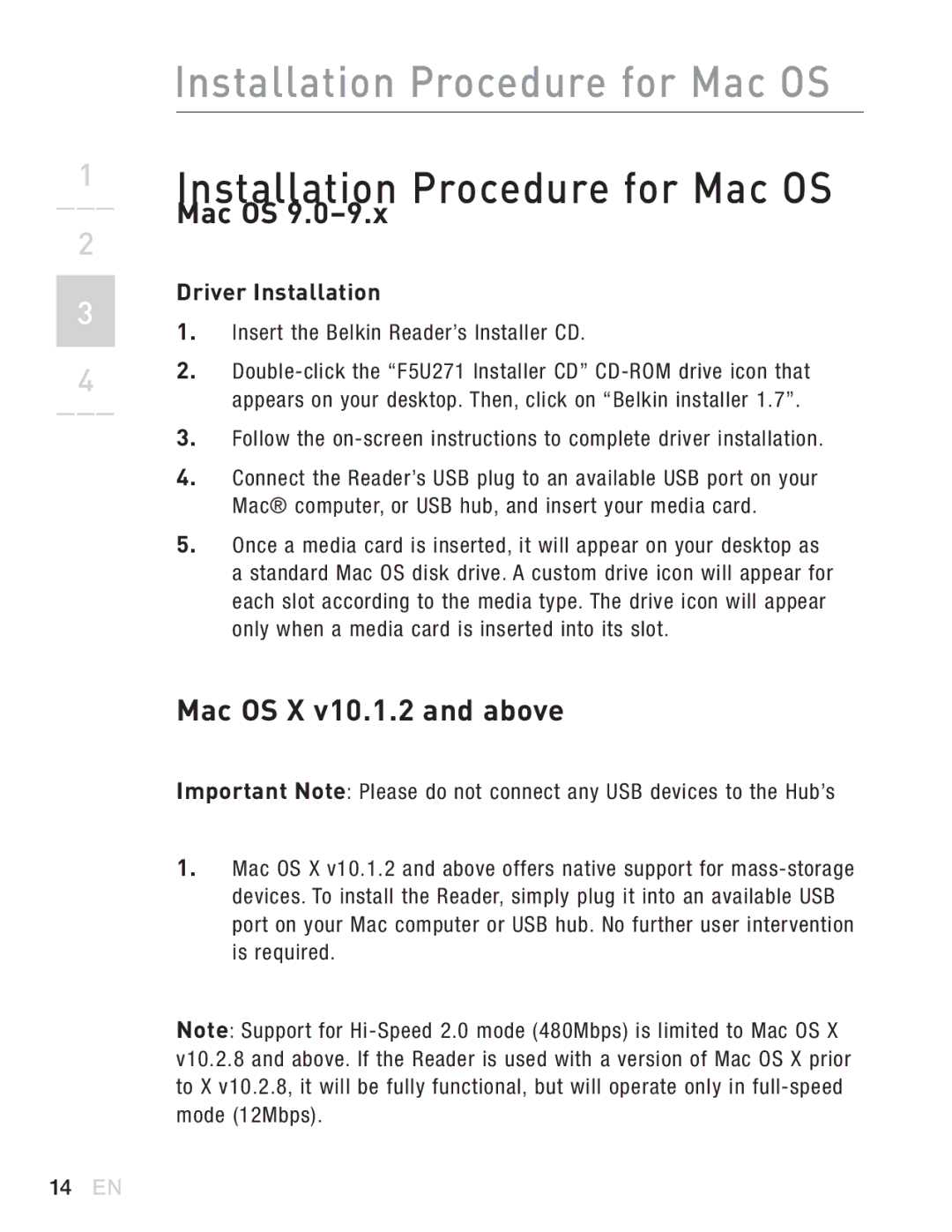 Belkin F5U271EA user manual Installation Procedure for Mac OS 