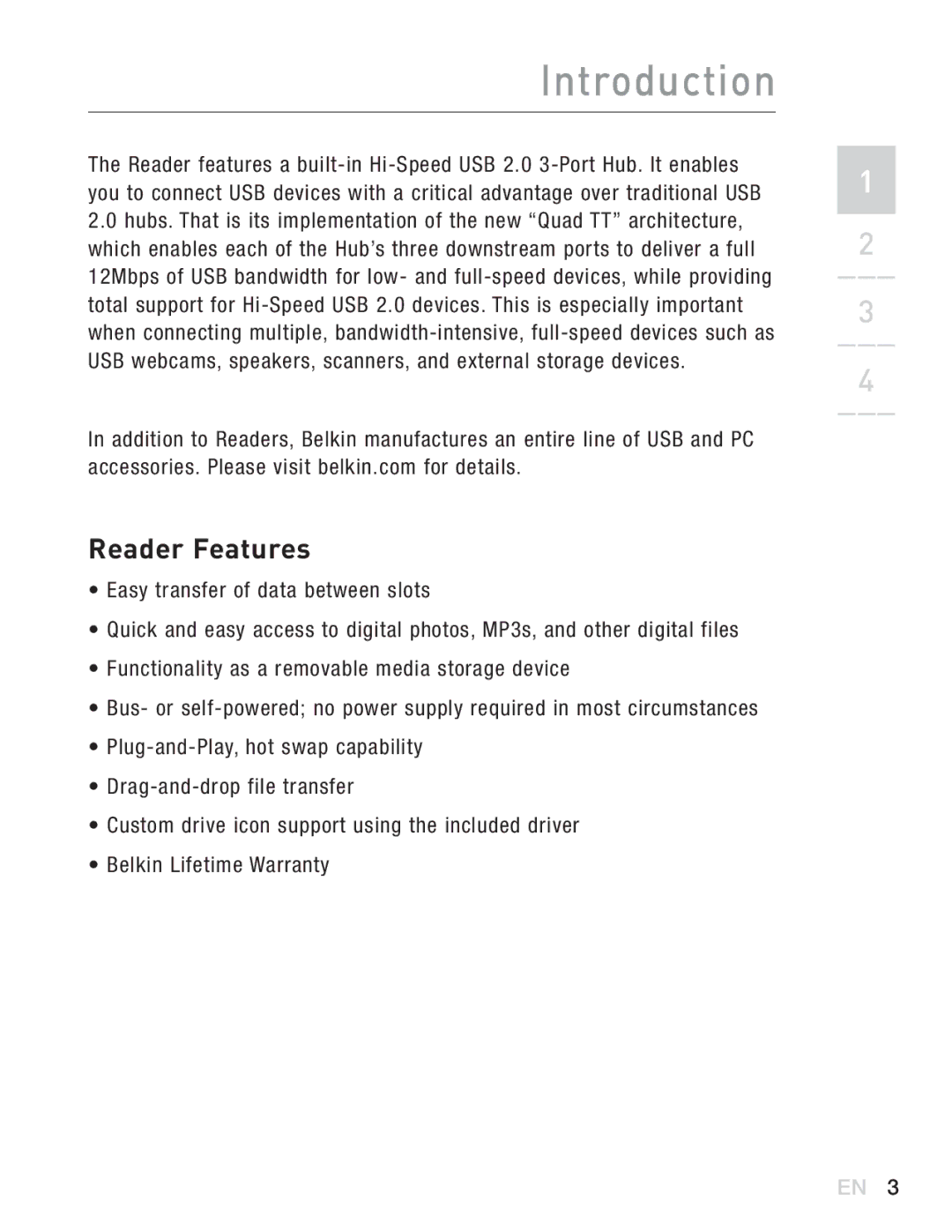 Belkin F5U271EA user manual Reader Features 