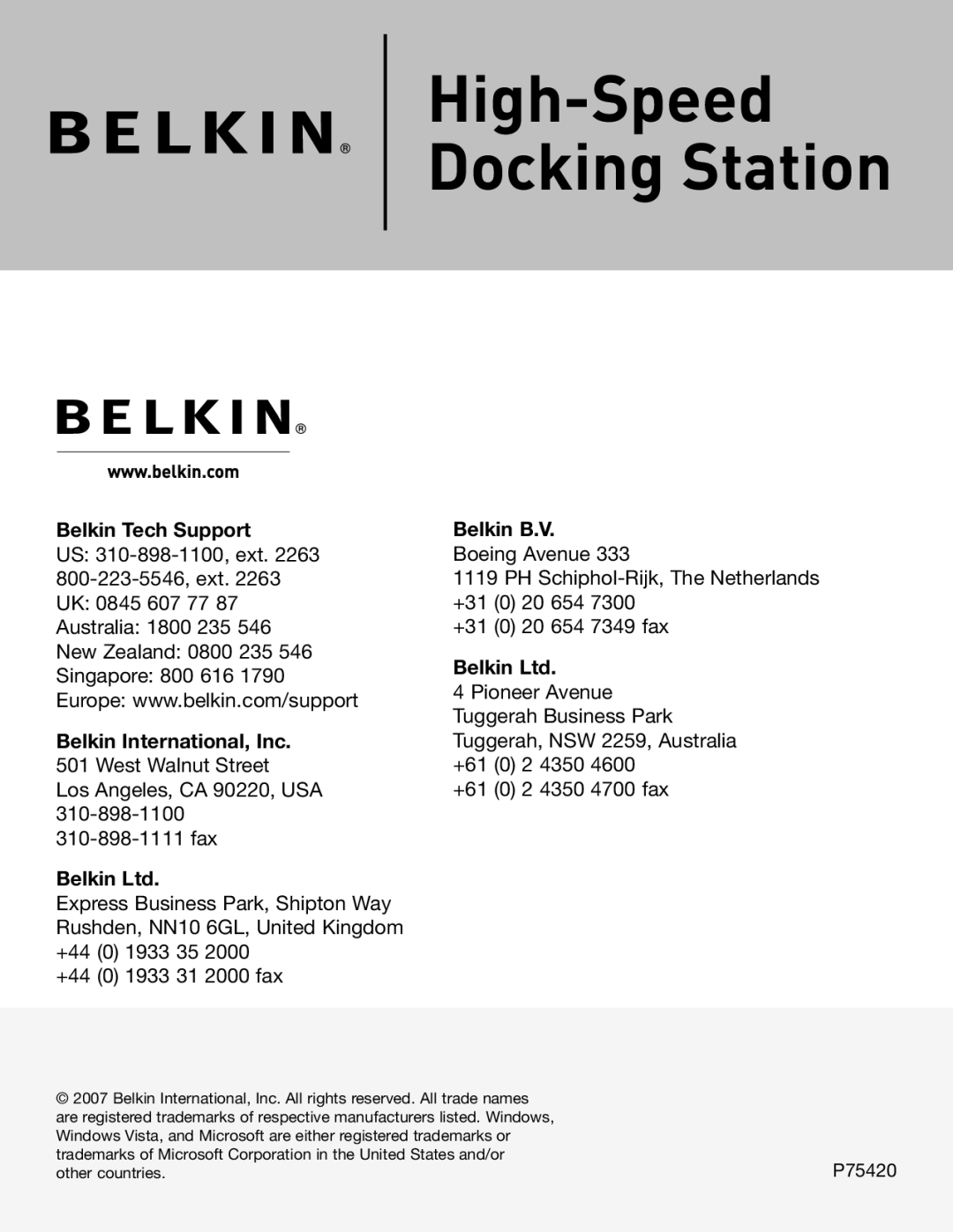 Belkin F5U273 manual High-Speed Docking Station 