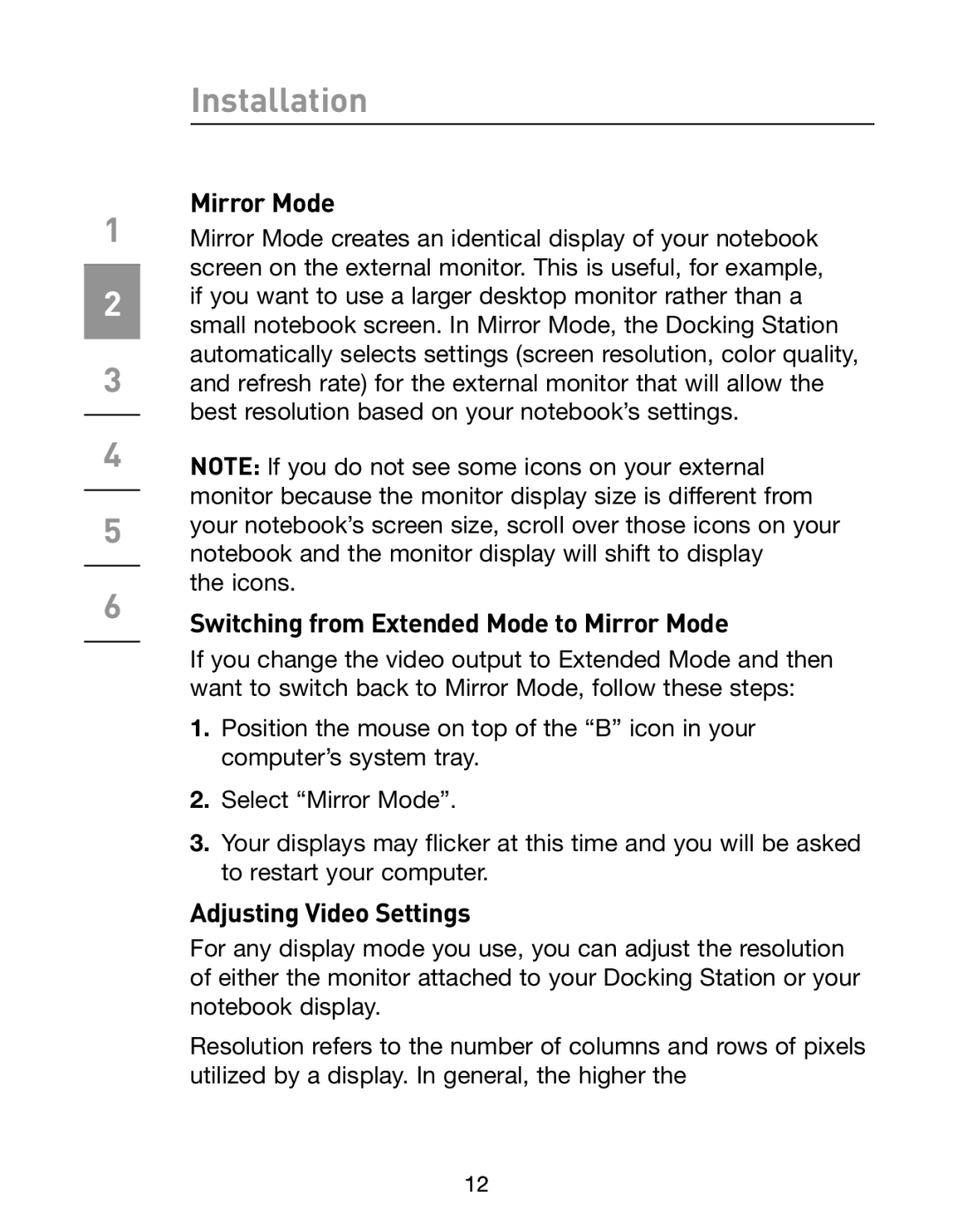 Belkin F5U273 manual Switching from Extended Mode to Mirror Mode, Adjusting Video Settings 