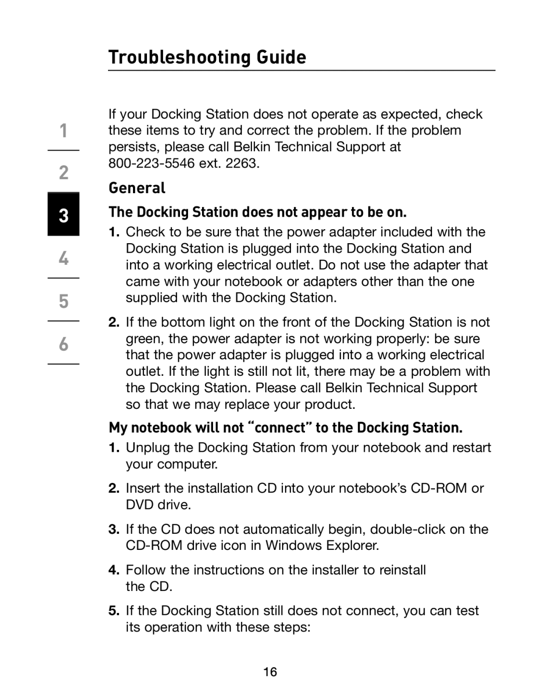 Belkin F5U273 manual Troubleshooting Guide, General, Docking Station does not appear to be on 