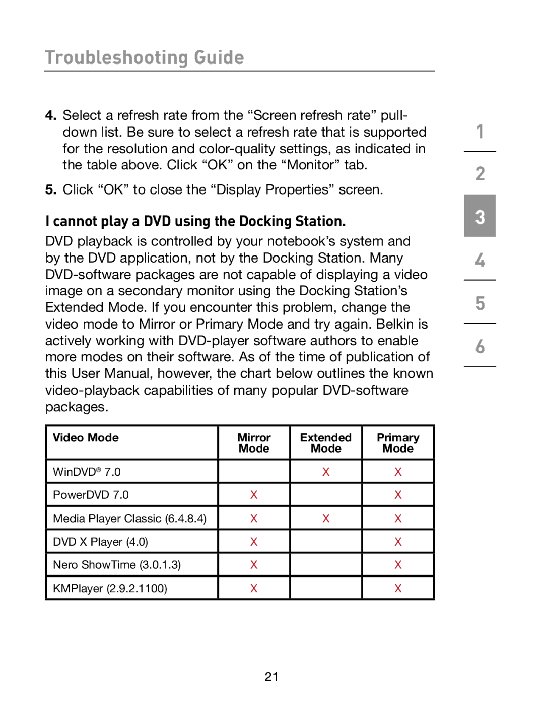 Belkin F5U273 manual Cannot play a DVD using the Docking Station 