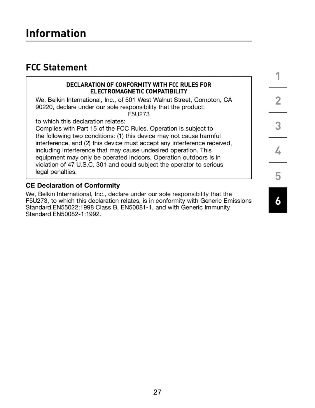 Belkin F5U273 manual Information, FCC Statement 