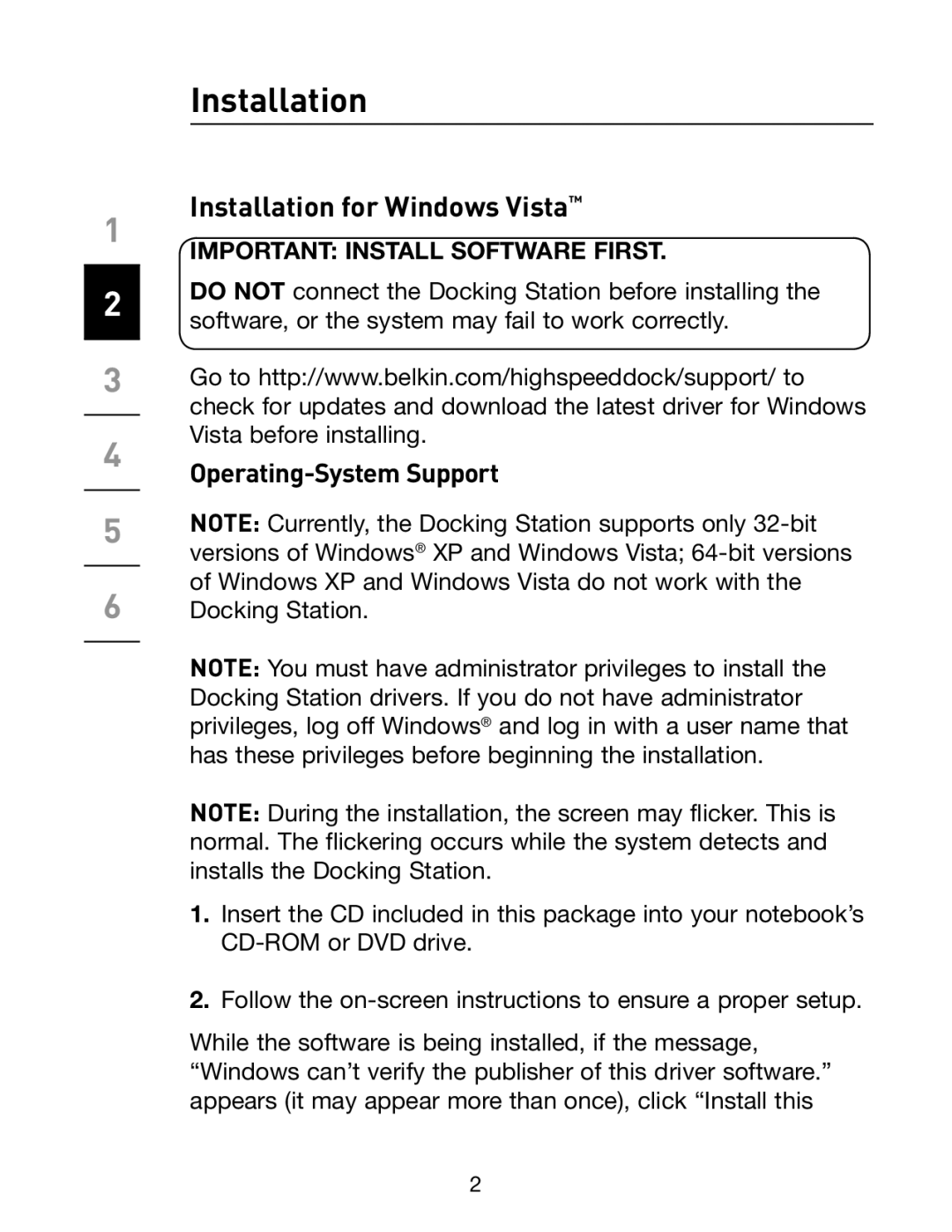 Belkin F5U273 manual Installation for Windows Vista, Operating-System Support 