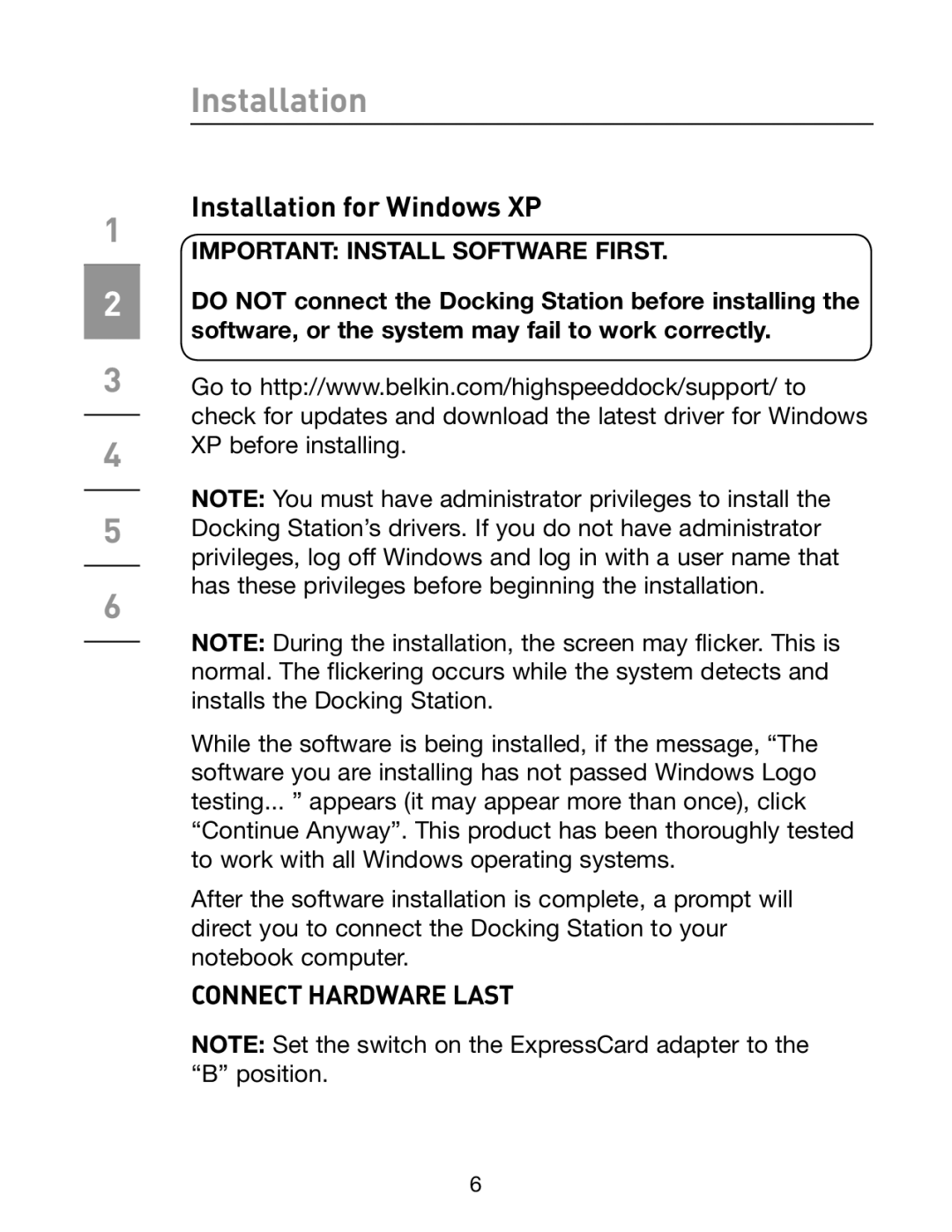 Belkin F5U273 manual Installation for Windows XP 