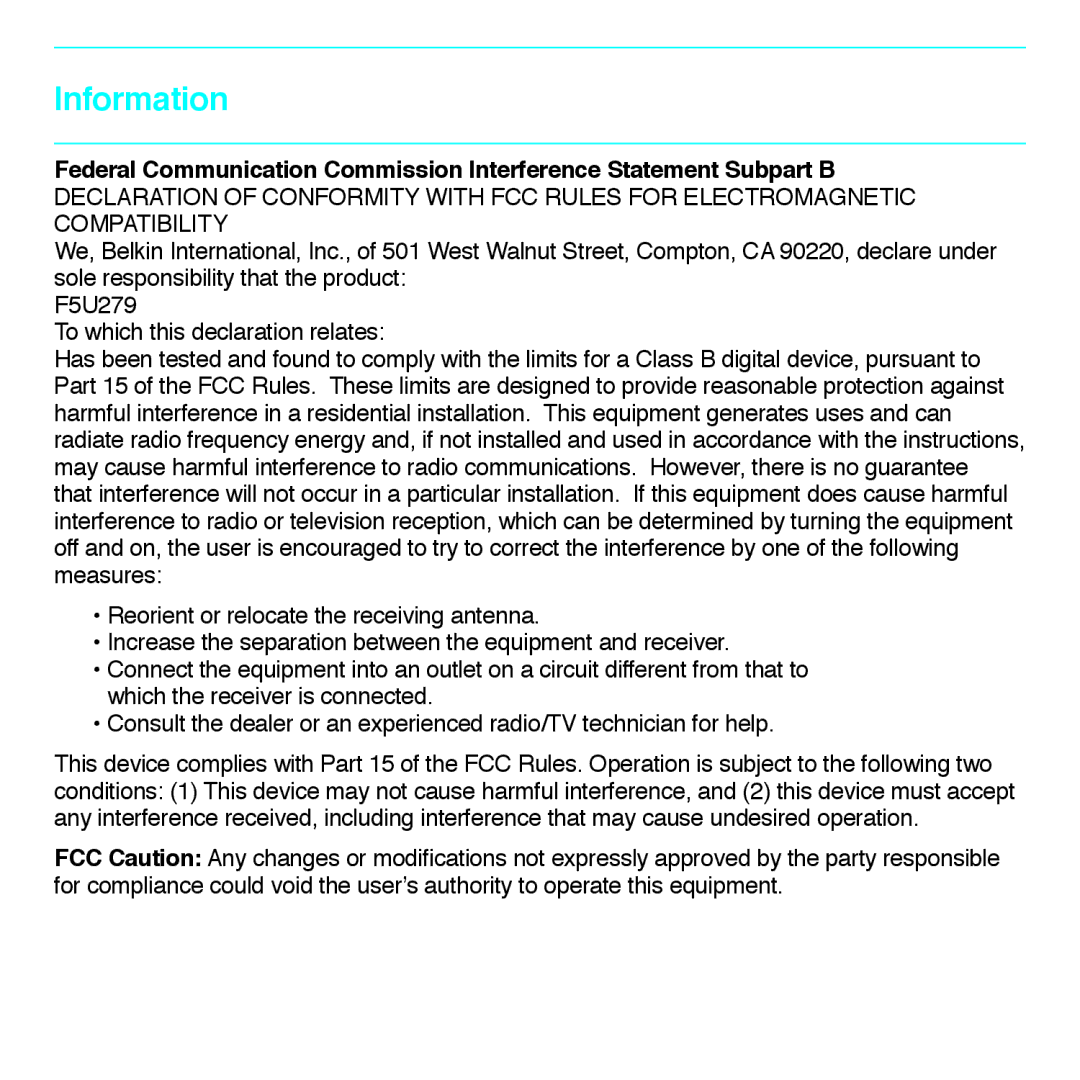 Belkin F5U279 quick start Information 