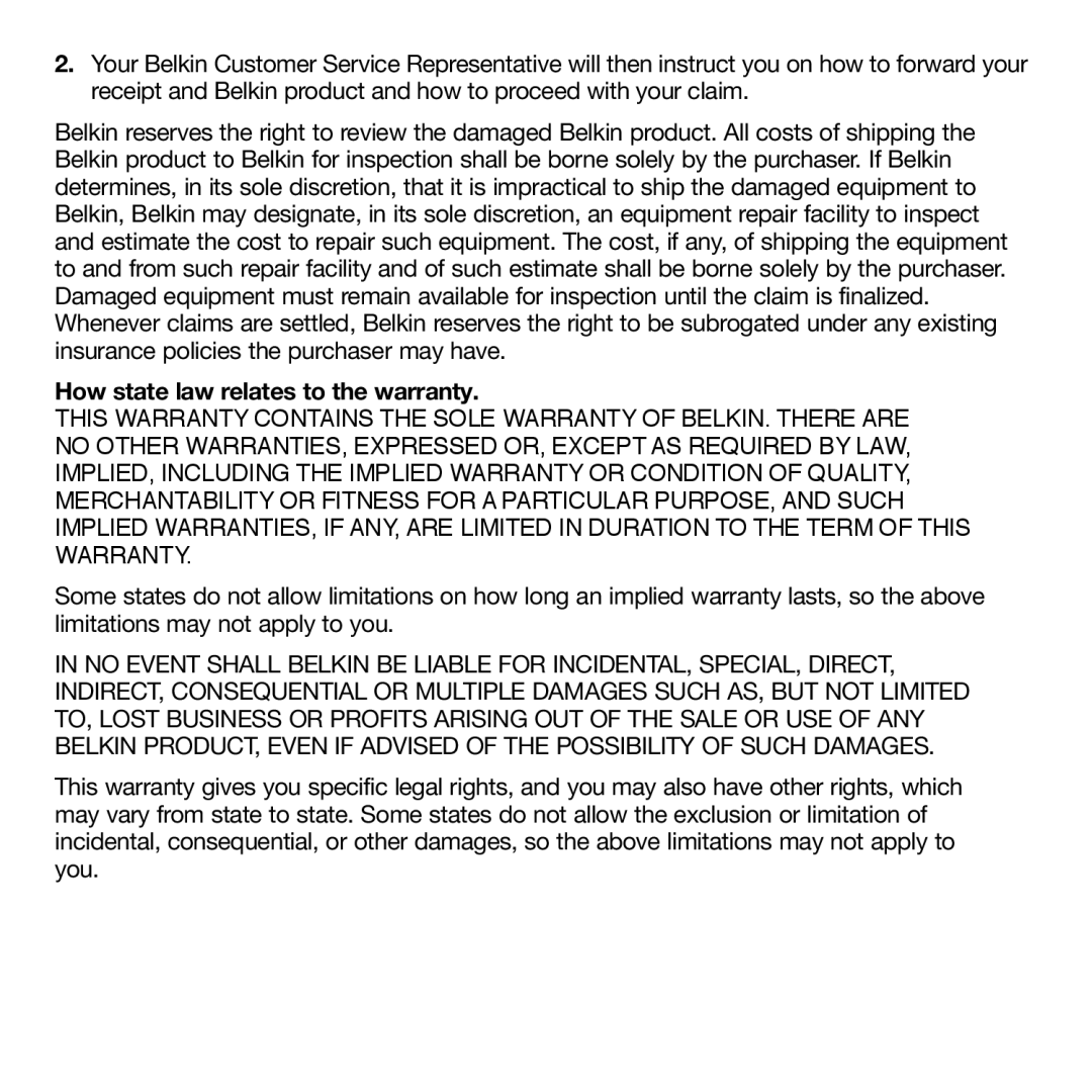 Belkin F5U279 quick start How state law relates to the warranty 