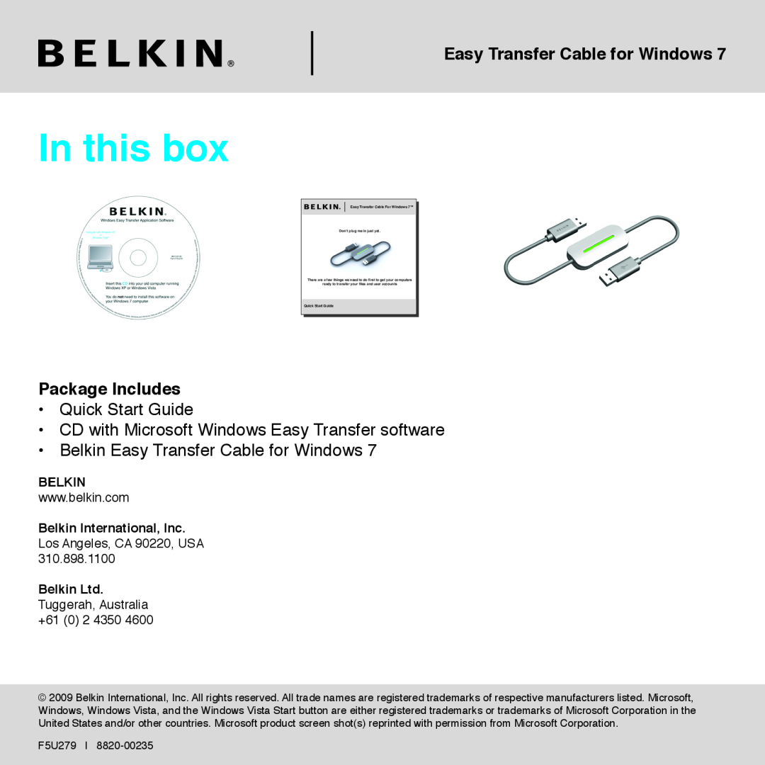 Belkin F5U279 quick start In this box, Package Includes, • Quick Start Guide, Belkin Easy Transfer Cable for Windows 