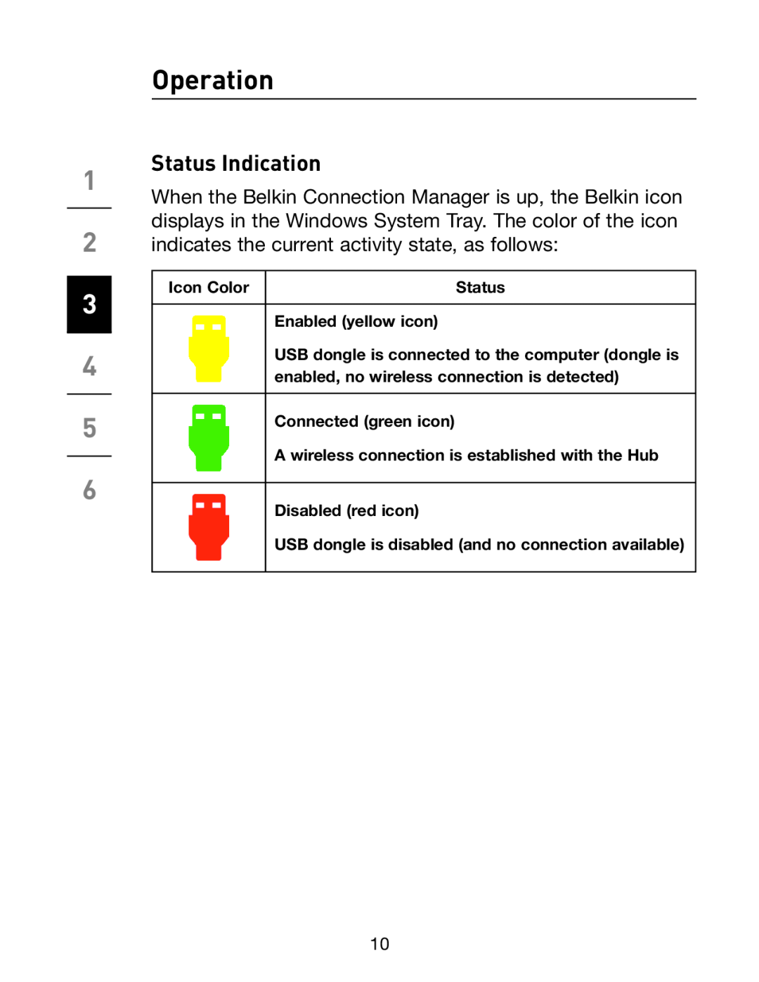 Belkin F5U301 user manual Operation, Status Indication, Icon Color, Enabled yellow icon, Connected green icon 