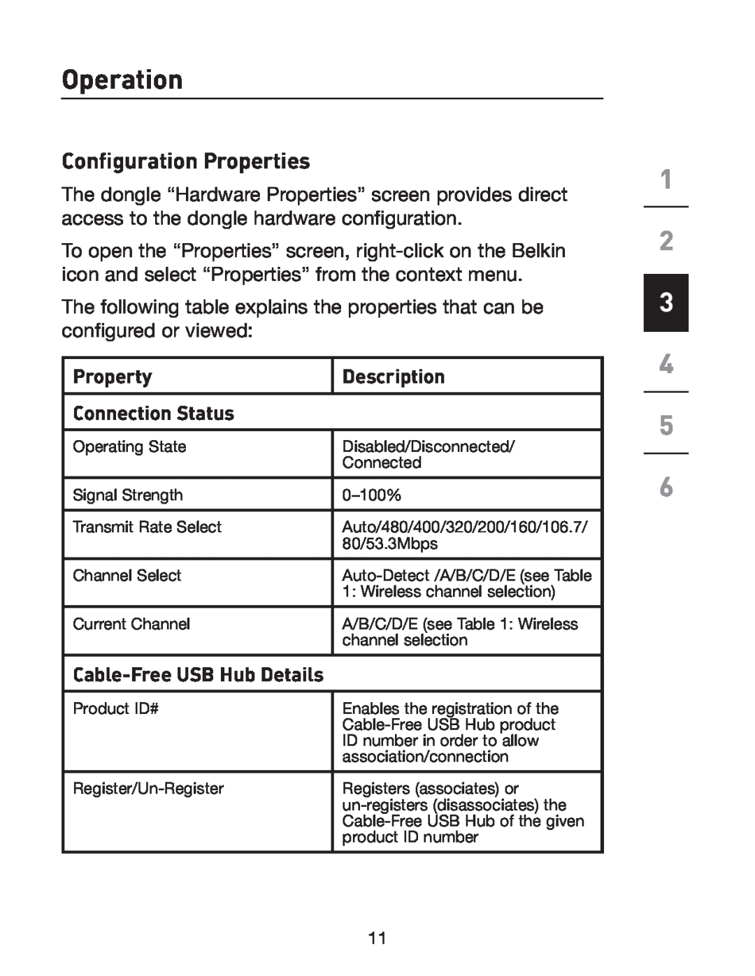 Belkin F5U301 user manual Conﬁguration Properties, Property, Description, Connection Status, Operation 