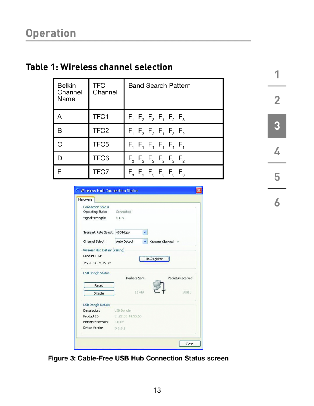 Belkin F5U301 user manual Wireless channel selection, Operation, Cable-Free USB Hub Connection Status screen 